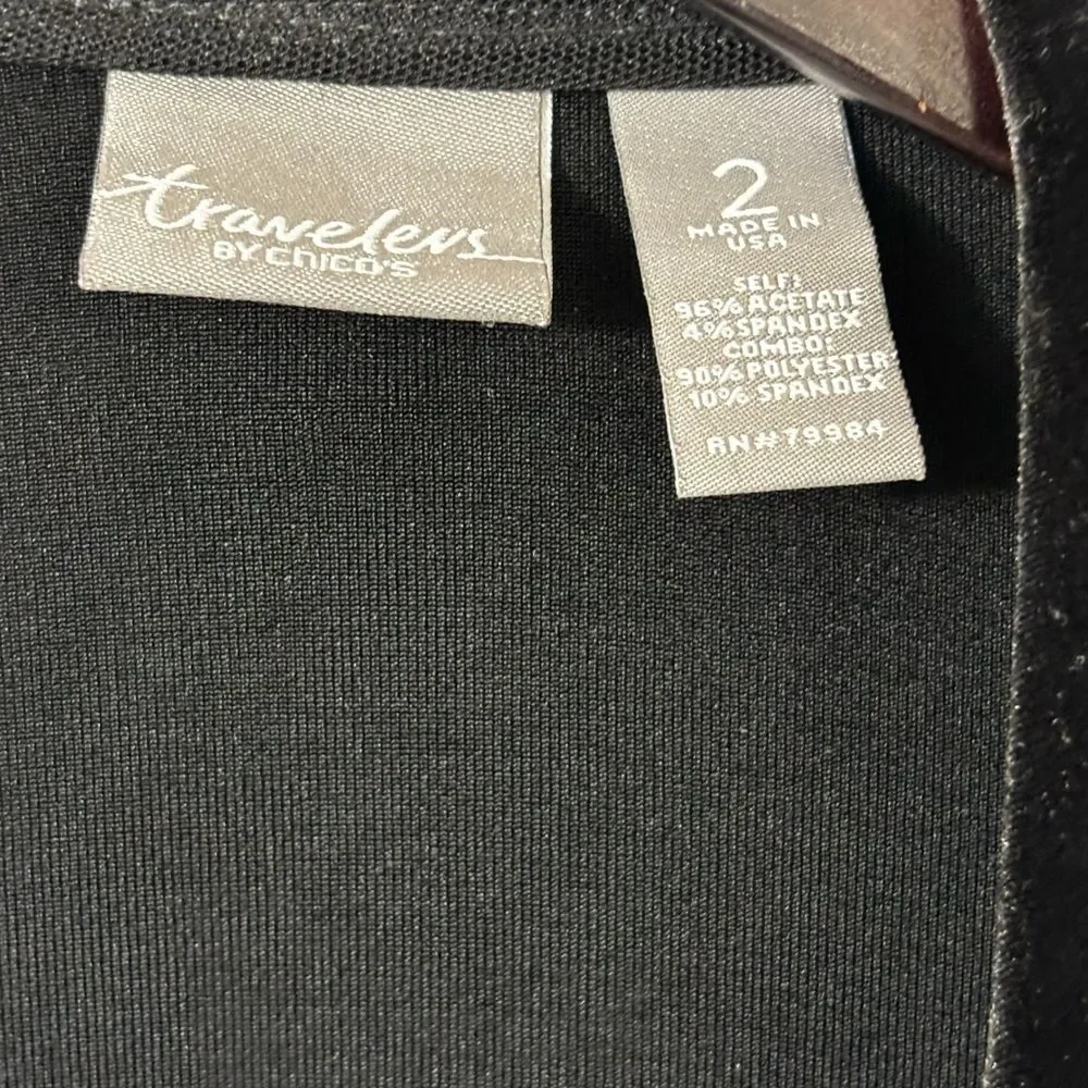 Chico's Travelers Size 2 Large Velvet Trim Black Open Front Cardigan office